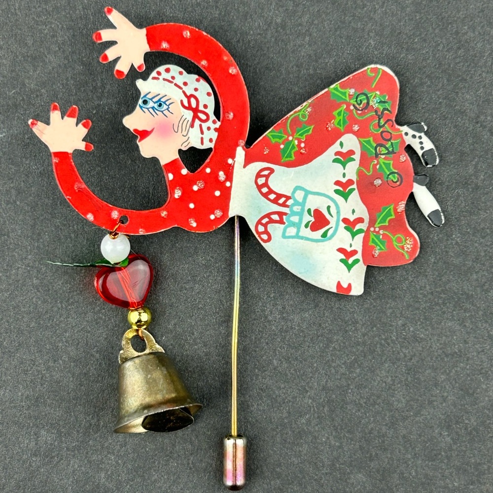 VINTAGE KAREN ROSSI MRS. CLAUS BROOCH GOLD TONE STICK PIN CHRISTMAS BELL CHARM